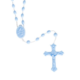 Closeup of a powder blue plastic rosary's crucifix and medal. The beads are strung on a white string.