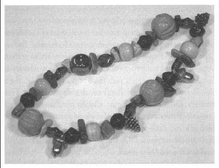 A grainy black and white photo of a a charm bracelet that is mostly beaded with what look like rocks of different kinds. The rocks are are all totally different shades and sizes and shapes, many looking rough hewn or flat and angular. The metal charms are pinecones and acorns.