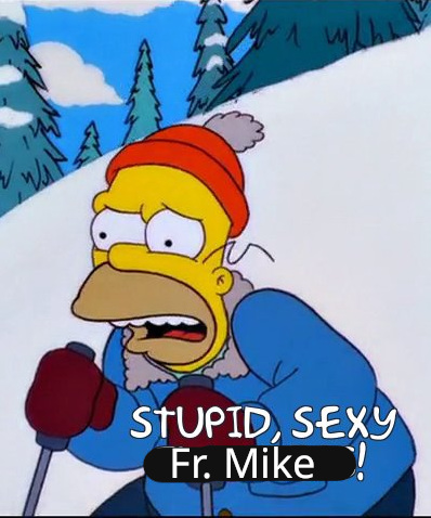 The Simpsons "Stupid Sexy Flanders" meme, crossed out to say "Stupid, sexy Fr. Mike!"