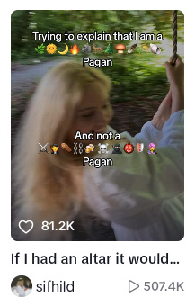 Screenshot of a TikTok showing a smiling blond woman with long hair and a flowing white gown, swinging under the trees. It says "Trying to explain that I am a Pagan and not a Pagan" with emojis indicating she is into nature, not Satanism.