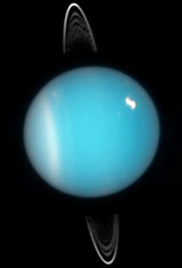 A satellite photo of Uranus looking bright blue with its thin vertical rings apparent.
