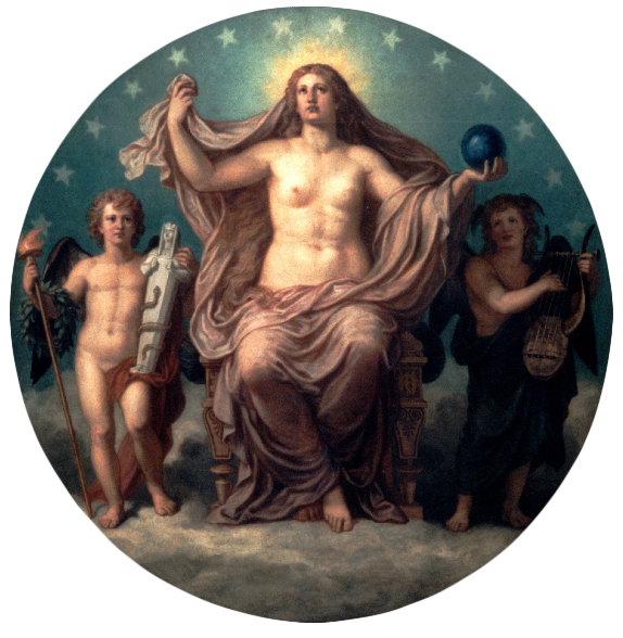 A circular fresco of Aphrodite sitting on a throne, draped in mauve with Her hands upheld. Her right hand is empty but posed as if holding a scepter while Her left hand holds a blue orb. Her throne sits upon the clouds amidst a dark blue sky and a row of stars around the edge of the picture frame. On either side are winged Erotes, one is nude, holding a torch and statue of some figure who is coiled by a snake. The other is clothed and playing music on the lyre.