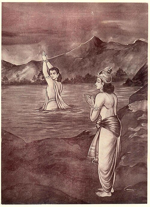 A black and white book illustration that shows a shirtless man on the shore of a lake making what looks like a pleading gesture towards another shirtless man who is swimming in the middle of the lake while looking back behind him. His arms are raised and he stands tall, as if about to dive under the water.