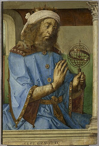 A Renaissance oil painting of a middle aged white man with long brown hair and beard holding a brass armillary sphere. The man wears a turban and crown as well as an ornate blue robe.